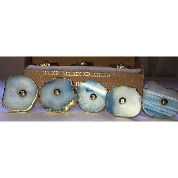 Drawer Cabinet Pull Knobs Sliced Agate Stone Blue Gold Lot of 11 NEW - Picture 3 of 8